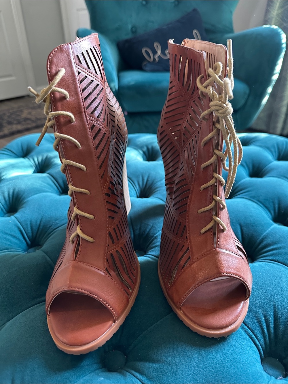 Lace-Up Cutout Peep-Toe Heeled Booties - Brown